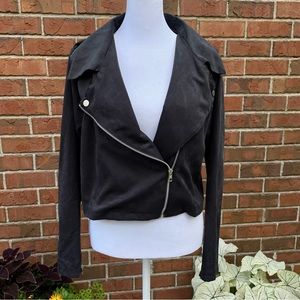 Faux Suede Lightweight Moto Biker Jacket Women’s L Dark Charcoal Gray/Black